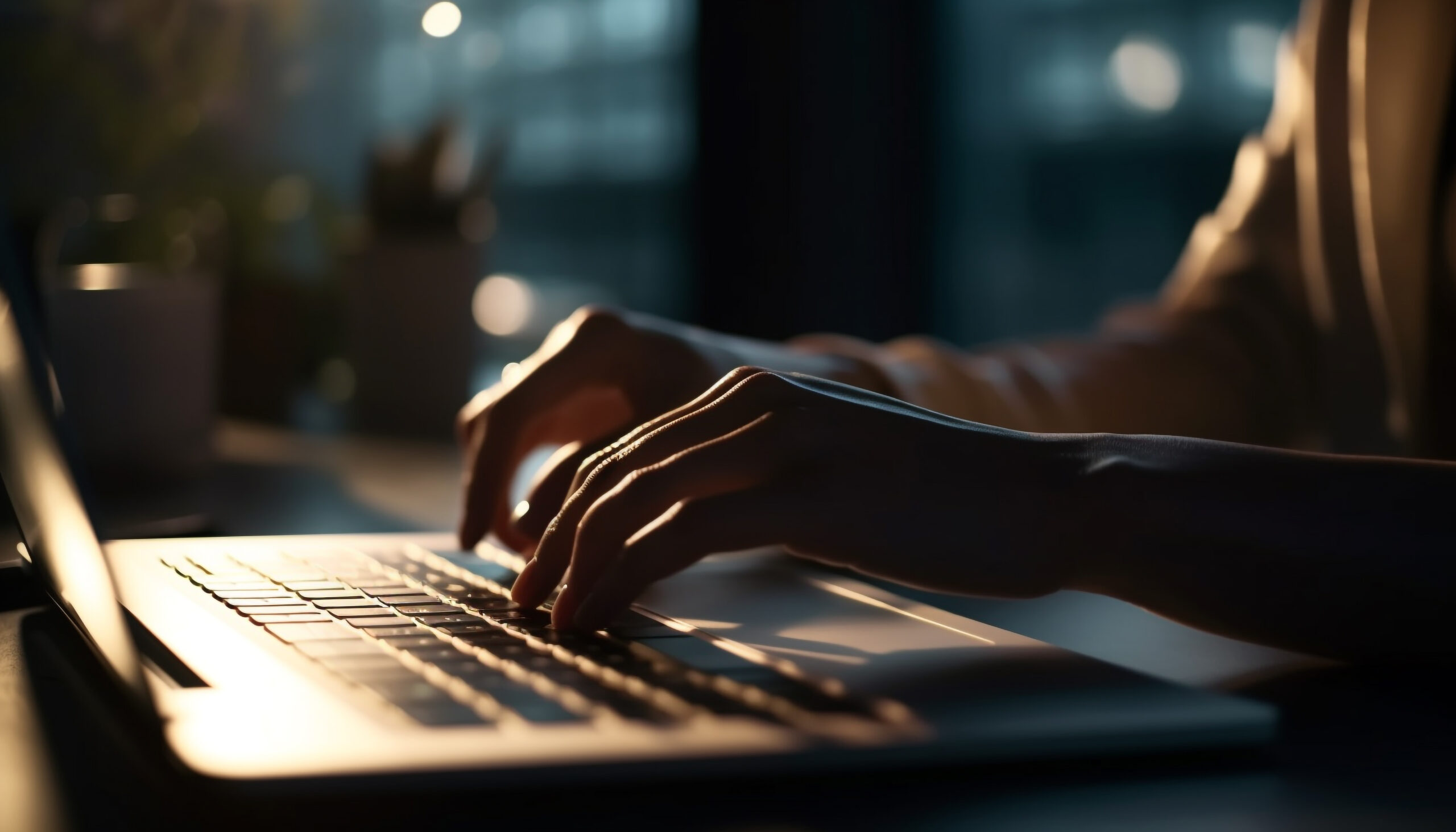 One person typing on laptop in office generated by AI